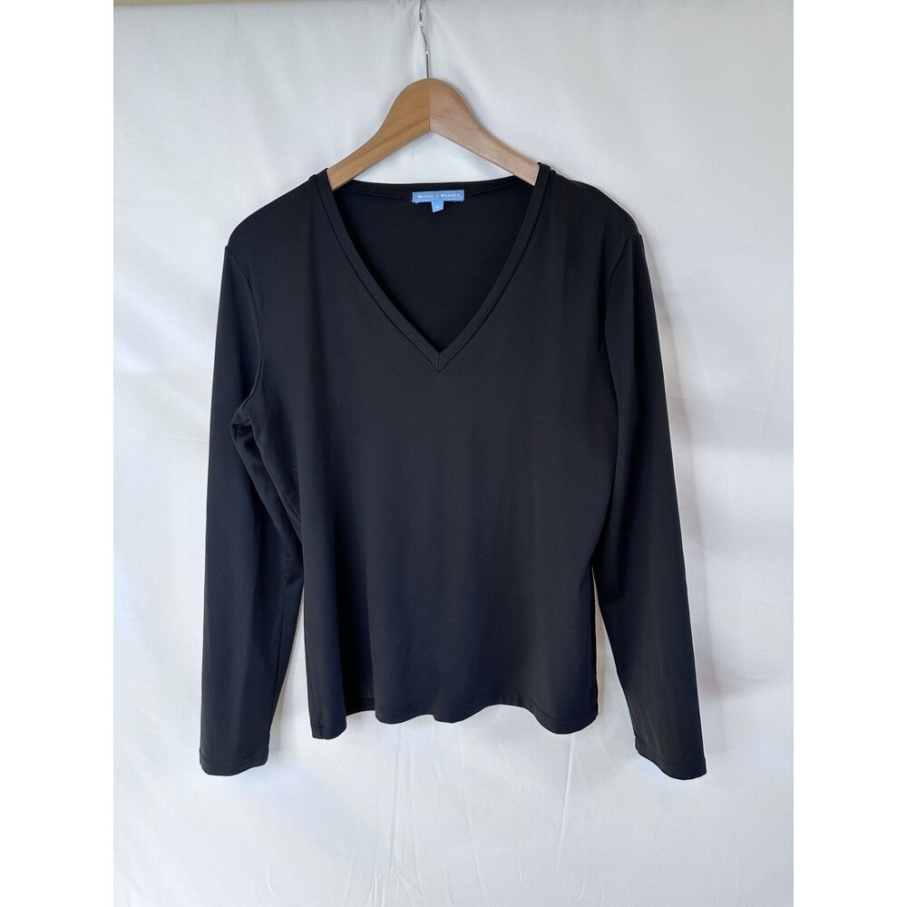 WHITE + WARREN Women's Med Black  V Neck Top Sleeve Tee Stretch